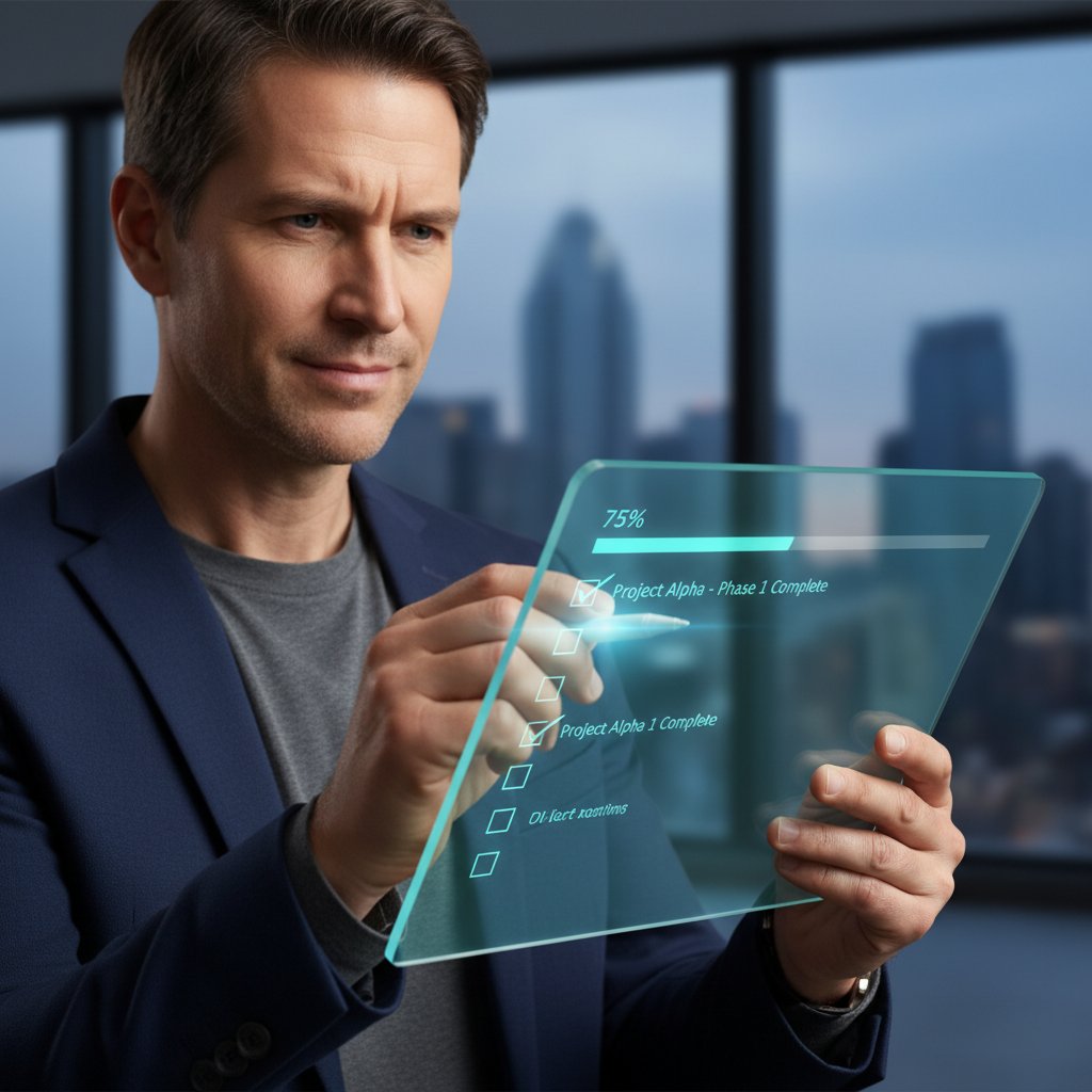 Osoba korzystająca z checklisty do rozmów o hobby online, skoncentrowana, odhaczająca kolejne punkty na liście