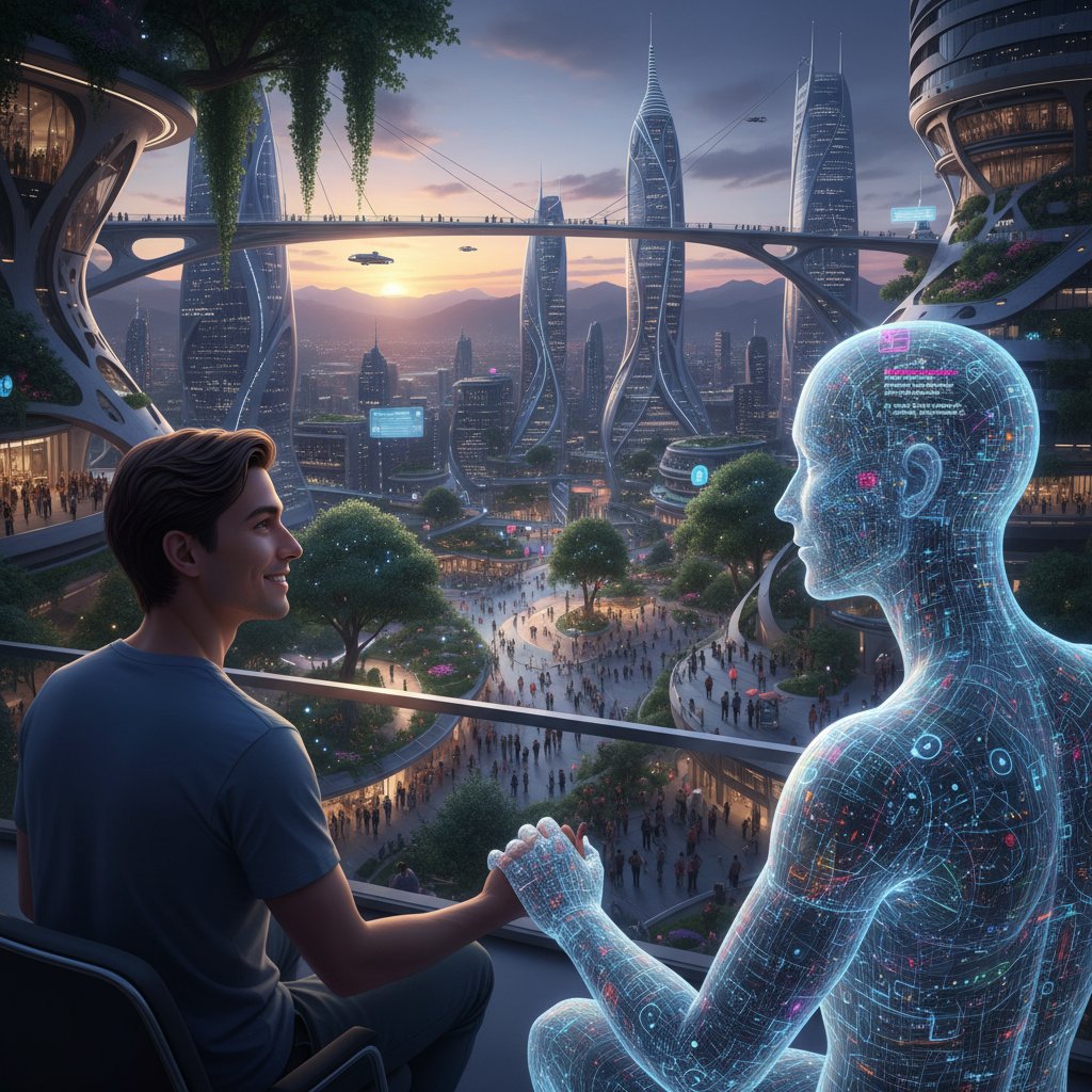 Symbolbild: Mensch und digitale Begleiterin blicken gemeinsam in die Stadt – Zukunft der Intimität