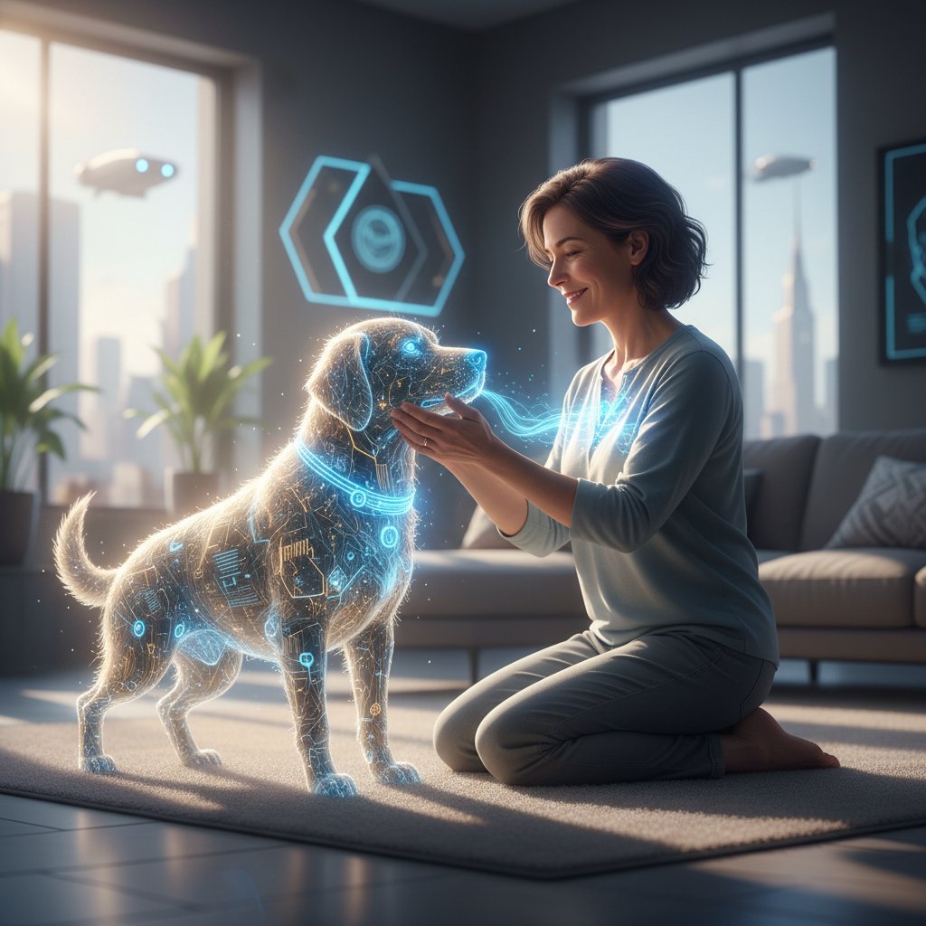 Zdjęcie osoby wpatrzonej w ekran z cyfrowym psem, ukazujące emocjonalną więź pomimo cyfrowości