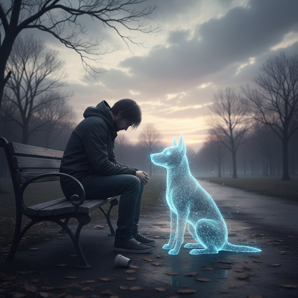 Osoba rozmawiająca z wirtualnym psem na ekranie – emocjonalna pułapka cyfrowej relacji