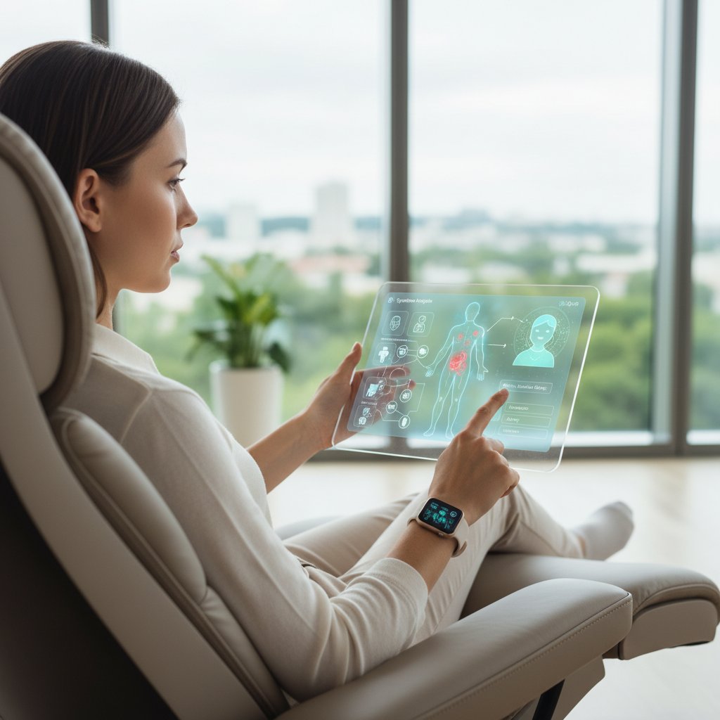 Osoba korzystająca z cyfrowego asystenta zdrowotnego na tablecie, analiza objawów