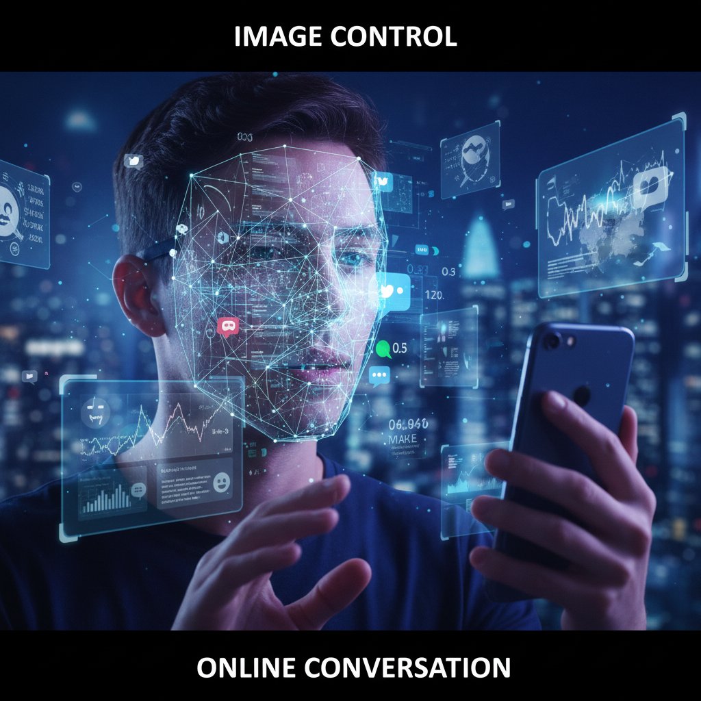 Osoba zakładająca wirtualną maskę, metafora nadmiernej kontroli wizerunku w rozmowach online