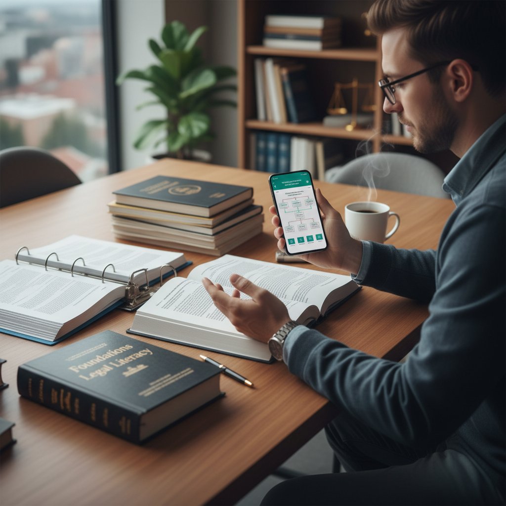 Osoba analizująca dokumenty i korzystająca ze smartfona podczas nauki prawa