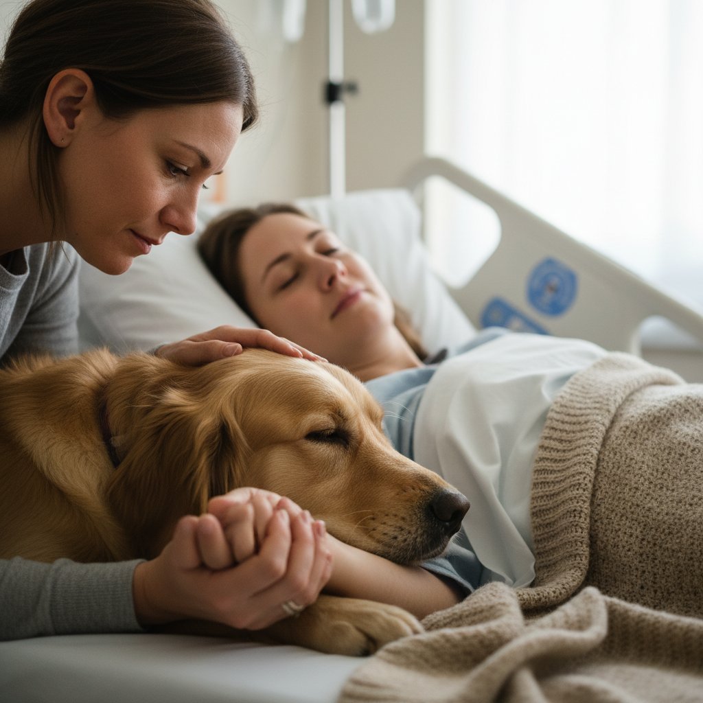 Osoba trzymająca psa na łóżku szpitalnym, uśmiech na twarzy, odczuwalna ulga, słowa kluczowe: wsparcie, pies, choroba, stres