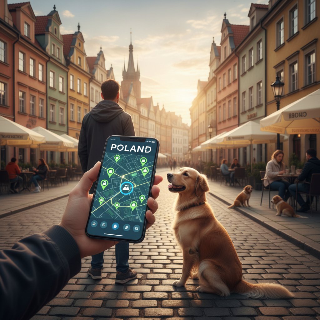 Osoba z psem patrząca na smartfon z widokiem mapy atrakcji turystycznych w aplikacji, AI podpowiada lokalizacje