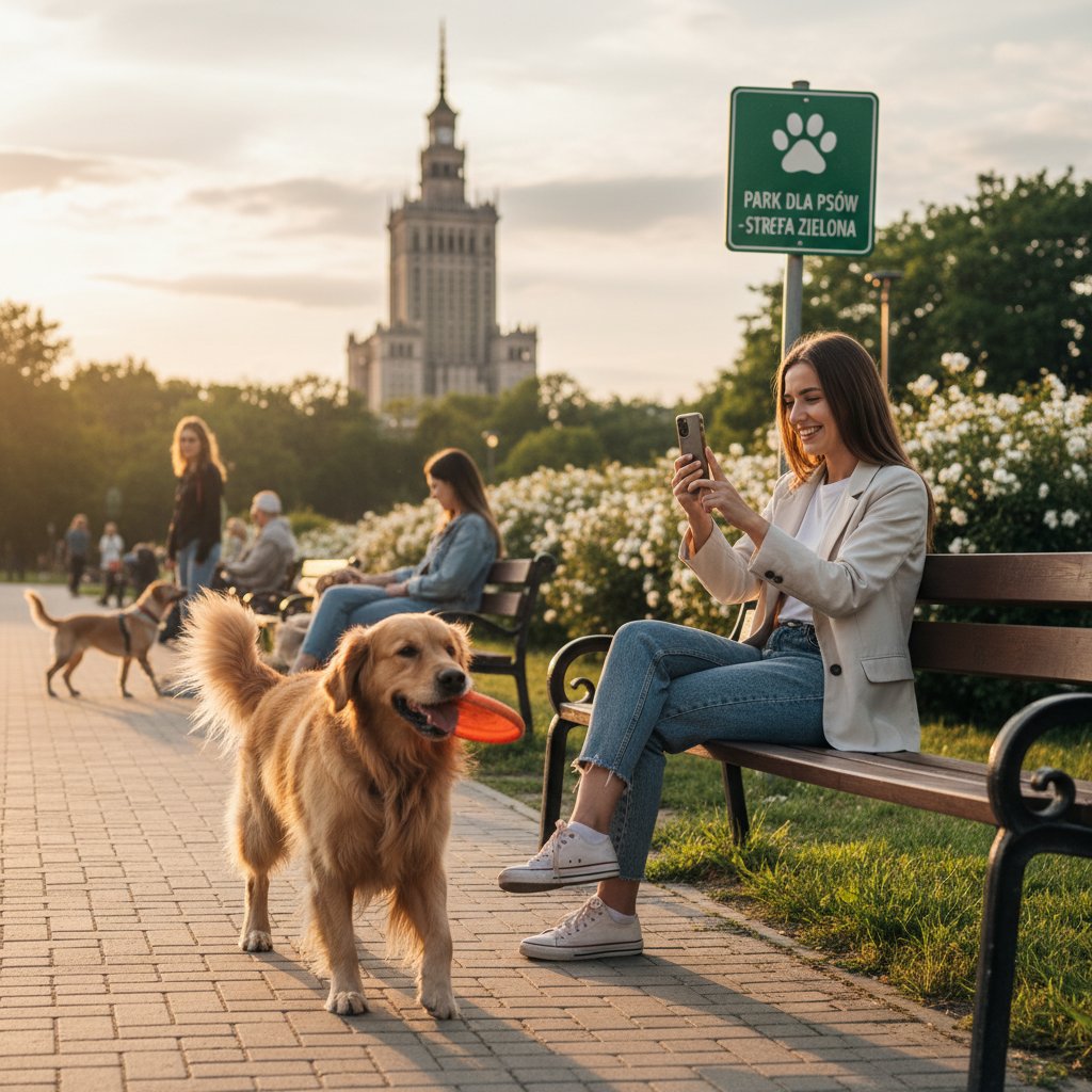 Osoba korzystająca z telefonu komórkowego z aplikacją do wyszukiwania miejsc przyjaznych psom, park w tle