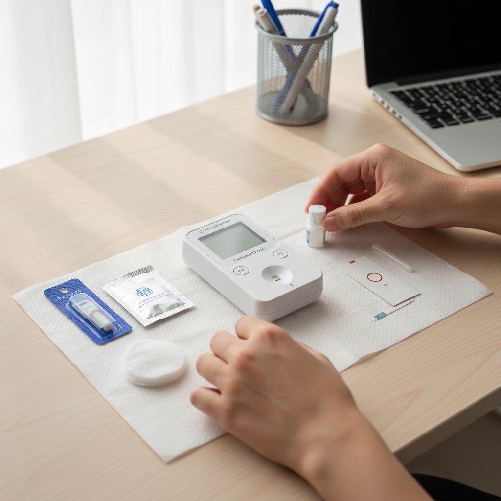 Osoba wykonująca domowy test cholesterolu krok po kroku przy biurku