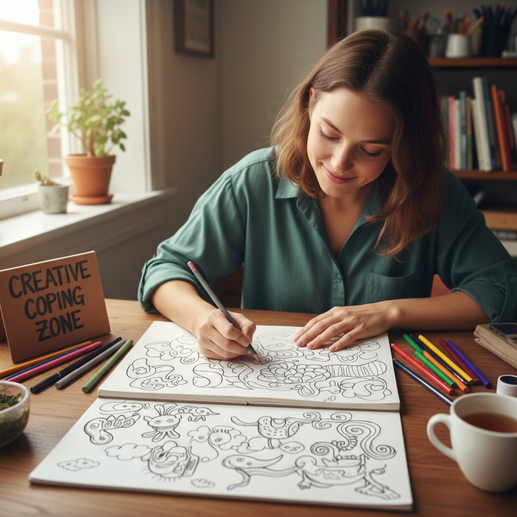 Osoba szkicująca w notesie, twórczość jako sposób na pokonanie smutku