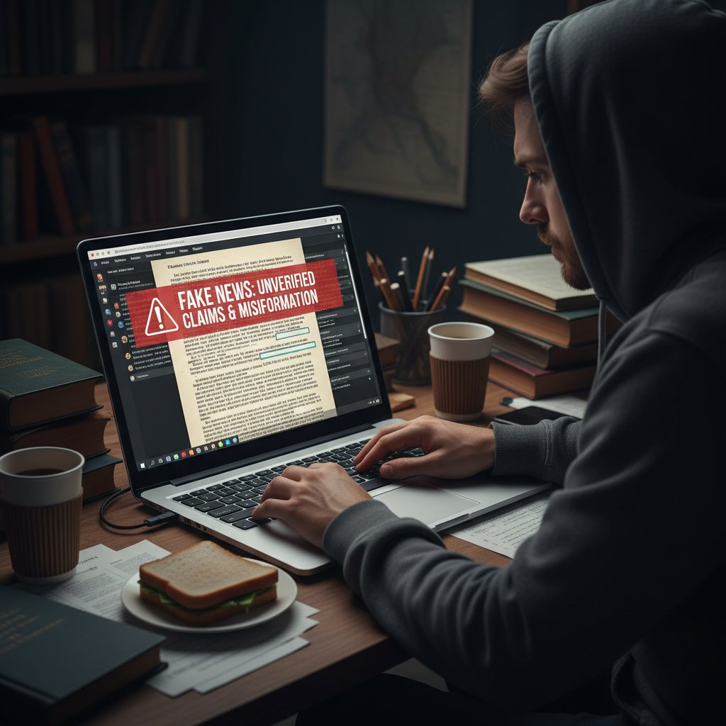 Osoba edytująca kontrowersyjne treści historyczne na laptopie, ekran z ostrzeżeniem o fake news