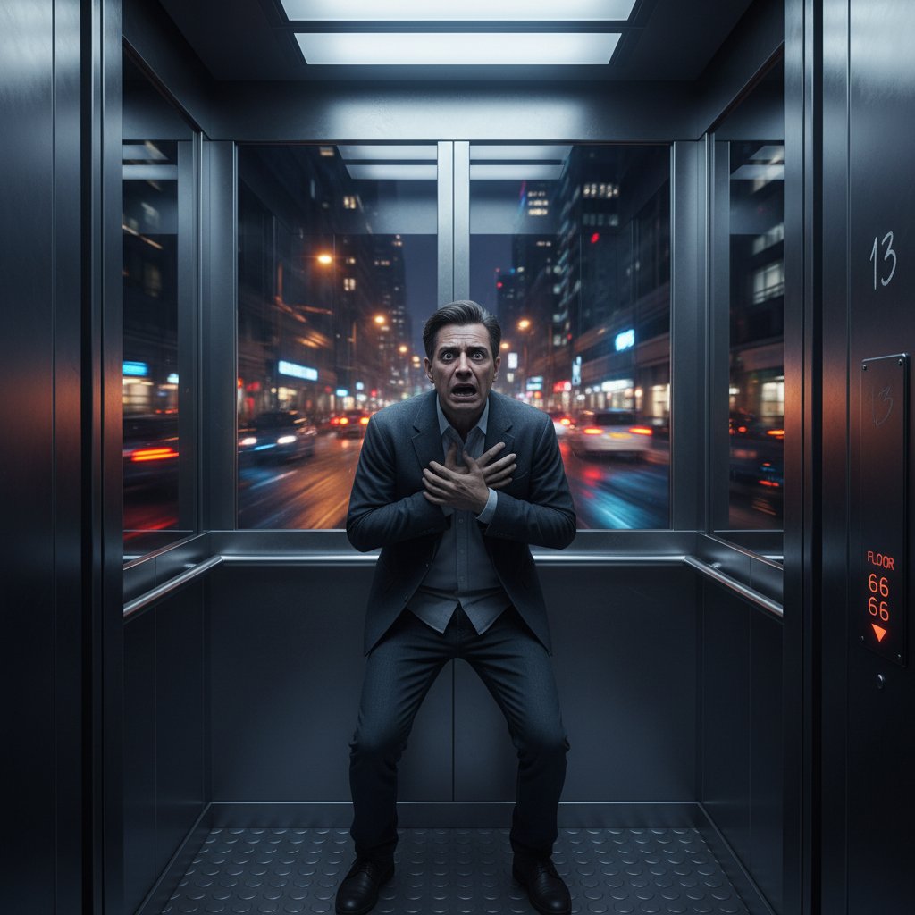Osoba zamknięta w windzie, wystraszona, światło zimne, atmosfera napięcia, klaustrofobia
