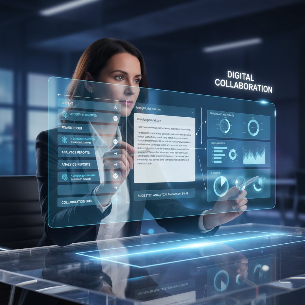 Photo representation of data flow between a person, email, and AI, symbolizing analytical collaboration in digital enterprises
