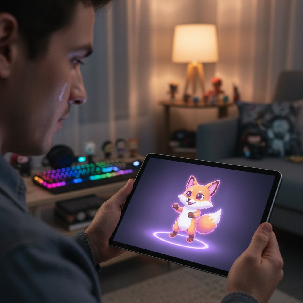 Osoba pogrążona w grze ze zwierzakiem, z wyraźną emocjonalną więzią na twarzy