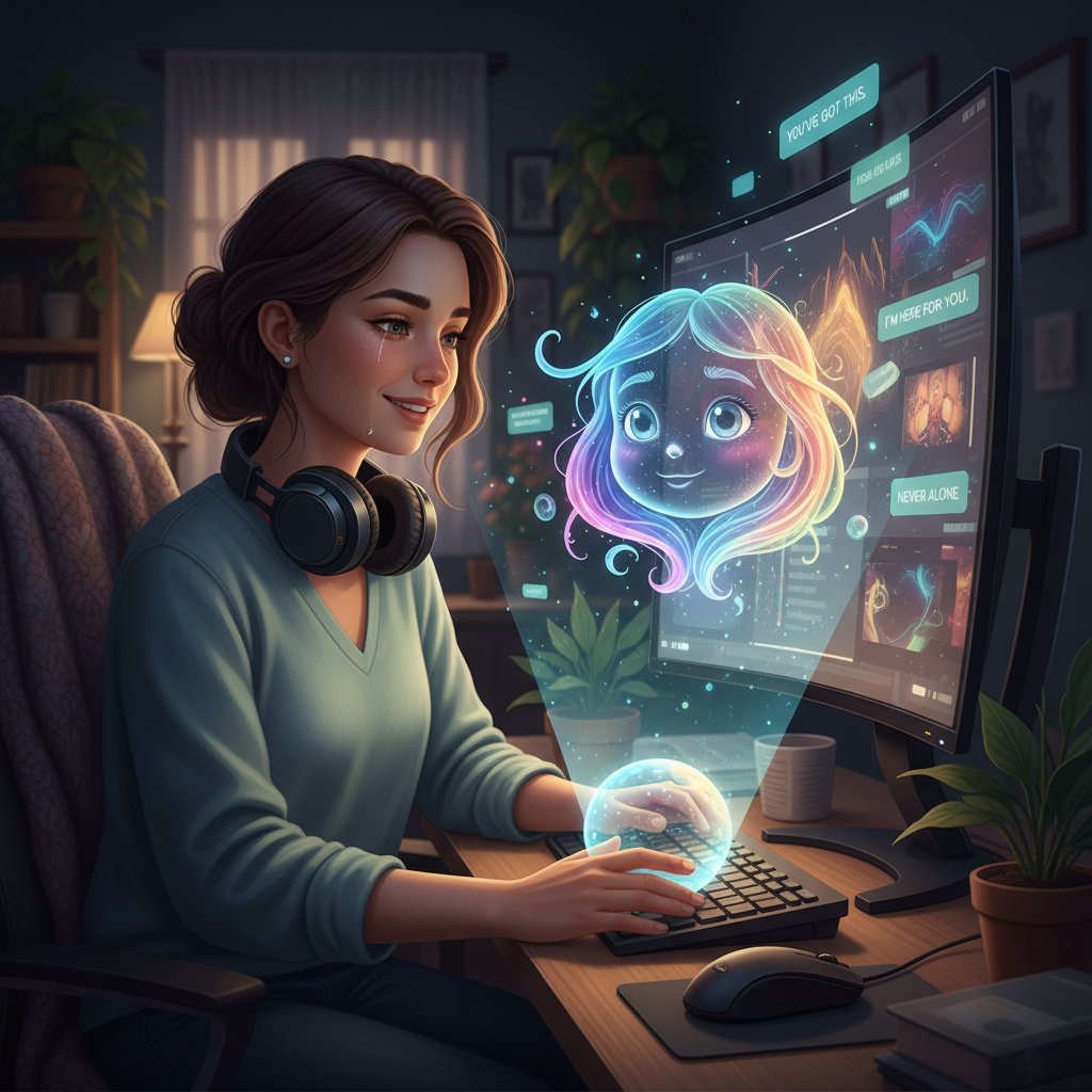 Person erhält emotionale Unterstützung durch KI-Begleiterin am Computer