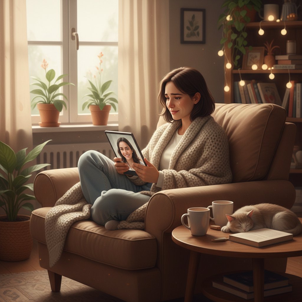 Osoba patrzy na ekran telefonu, wsparcie emocjonalne online, komfortowe otoczenie