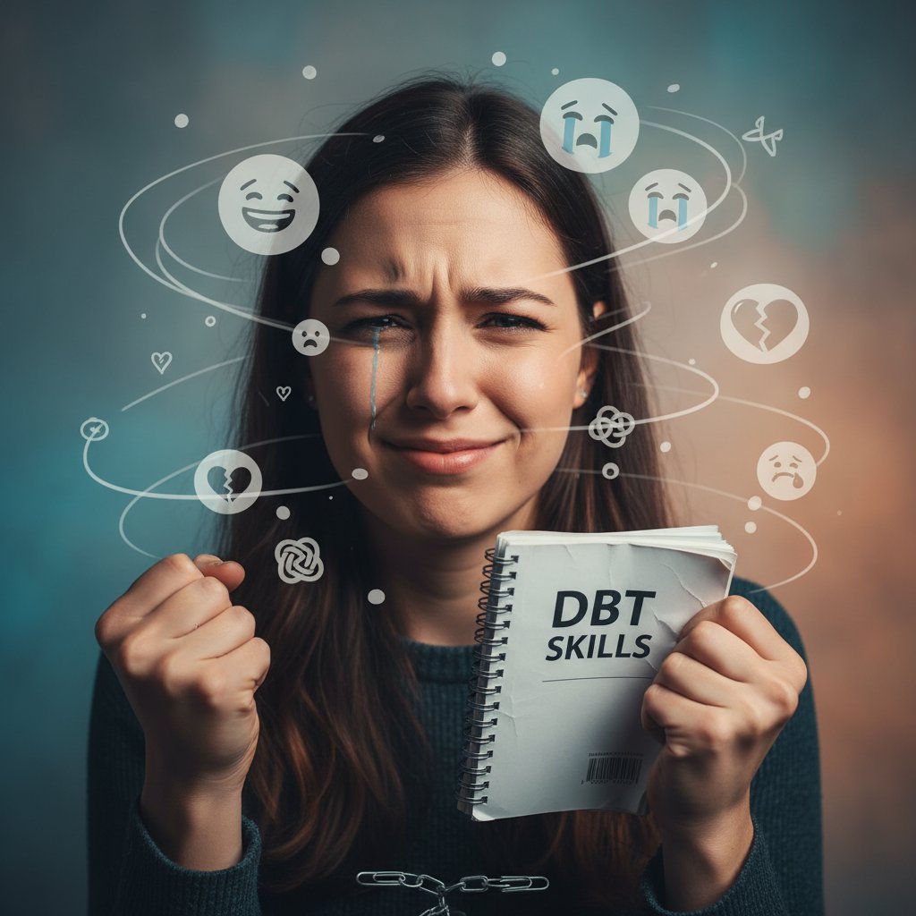 Osoba z widocznym napięciem emocjonalnym, ilustracja błędów w regulacji emocji DBT