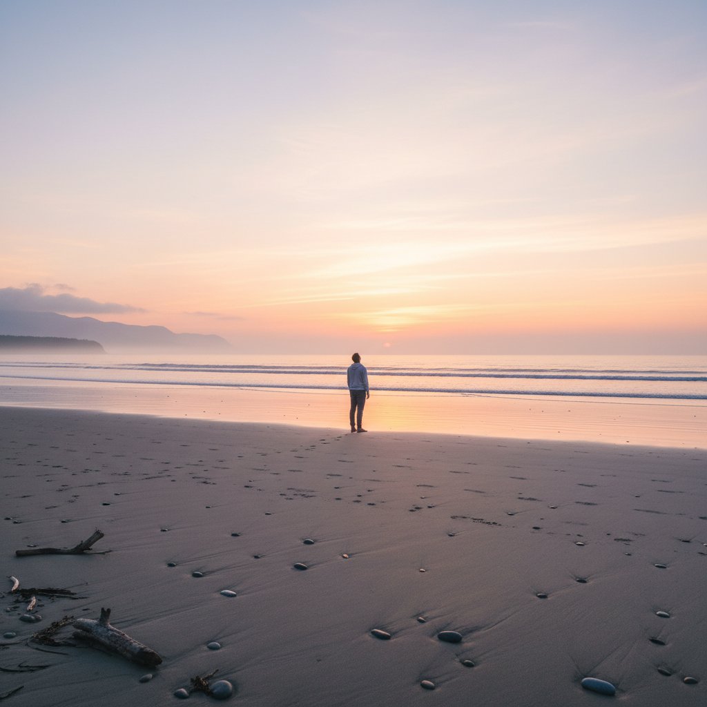 Samotna osoba spacerująca po pustej plaży o świcie – symbol zdrowego dystansu i selektywnego zaangażowania