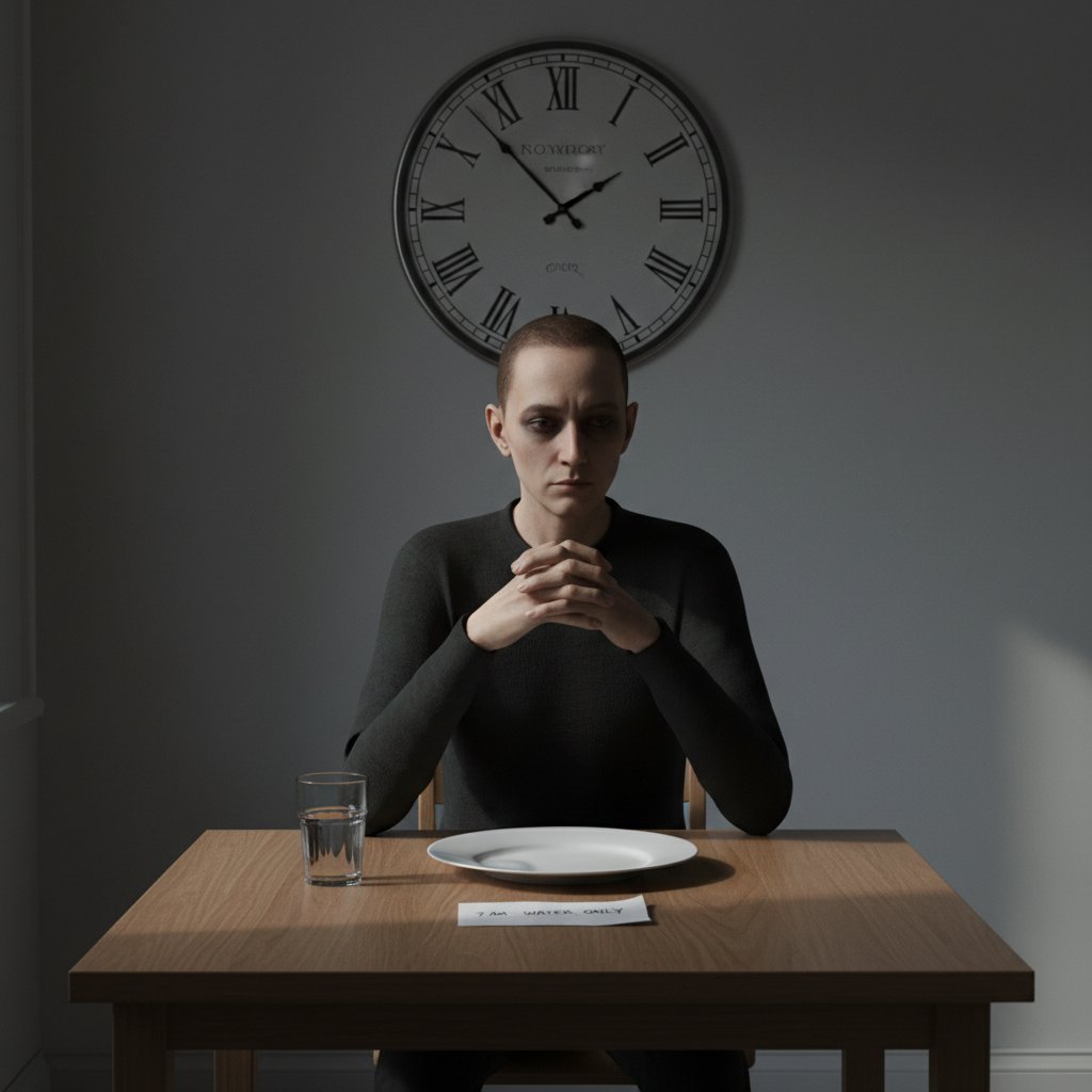 Codzienna scena: osoba samotnie siedząca przy pustym stole, patrząca na zegarek, symbolizująca rutynę i obsesję wokół jedzenia u osób z anoreksją