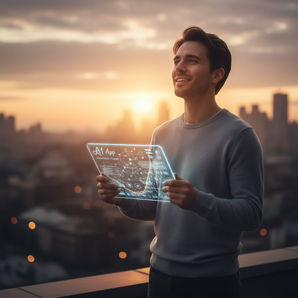 Użytkownik korzystający z aplikacji przyjaciel.ai wieczorem, poczucie ulgi i zrozumienia