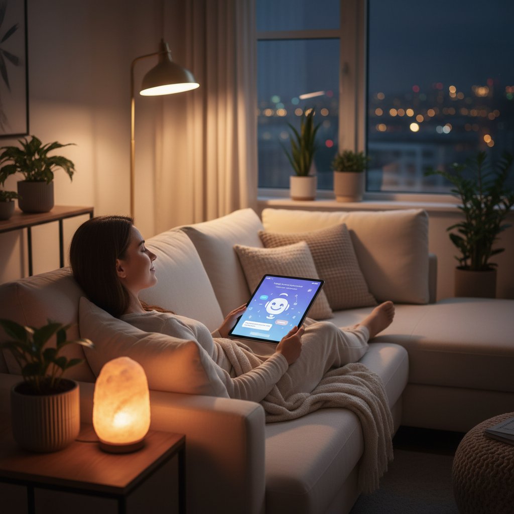 Osoba rozmawiająca z chatbotem terapeutycznym na smartfonie, wieczorem w domowym zaciszu; wsparcie AI, relaks, psychoterapia online