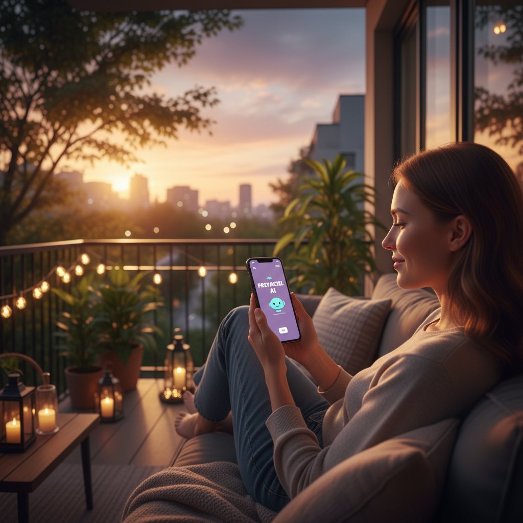Osoba siedząca wieczorem z telefonem, na ekranie przyjaciel.ai, atmosfera bezpieczeństwa i spokoju