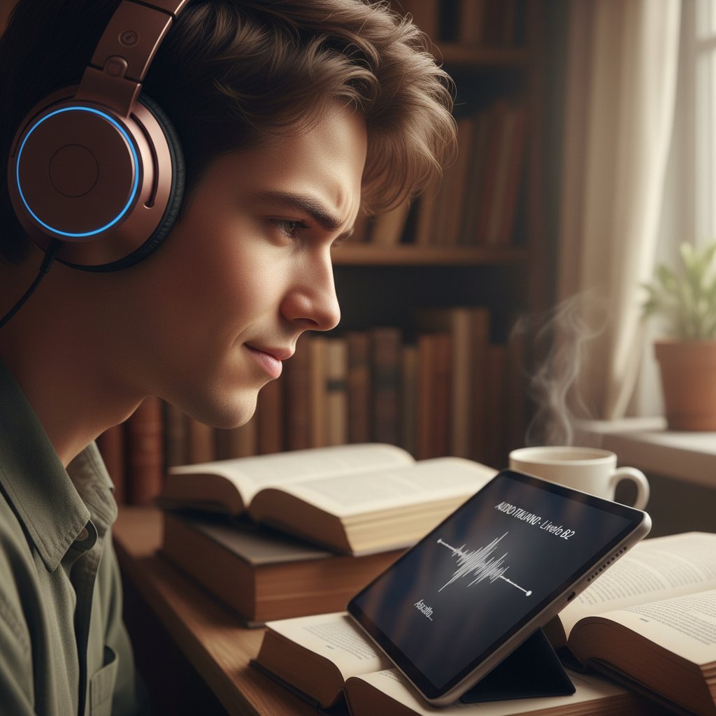 Bliskie ujęcie na oświetloną twarz słuchacza, skupionego na włoskim audio, w tle książki językowe