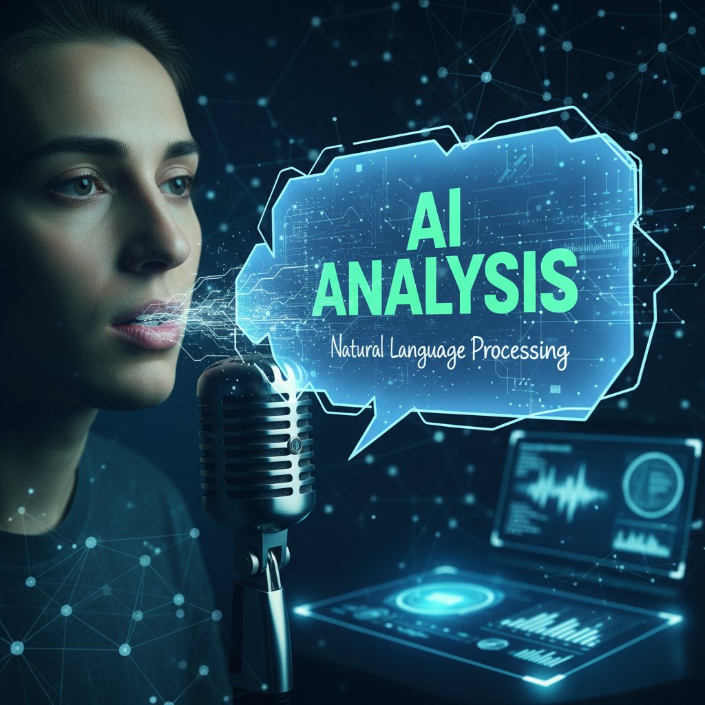 Osoba przed komputerem z kamerą, wokół schematyczne ikony: twarz, mikrofon, chmurka tekstowa – ilustrujące analizę multimodalną