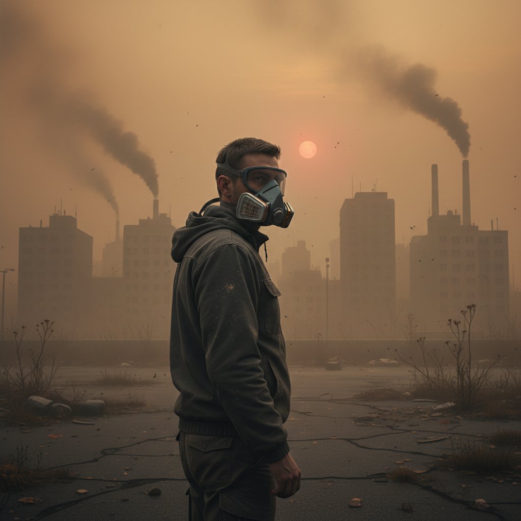 Osoba nosząca maseczkę na tle zanieczyszczonego powietrza