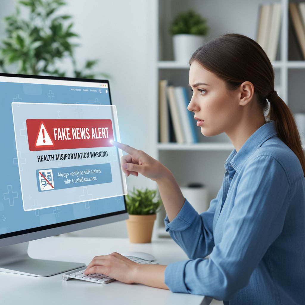 Osoba oglądająca stronę z krzykliwymi reklamami i ostrzeżeniami o fake newsach zdrowotnych