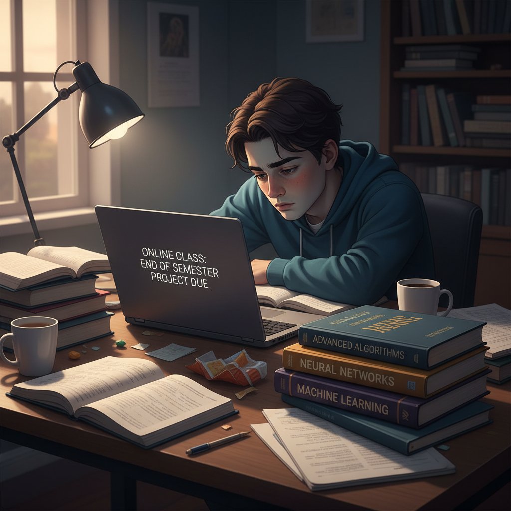 Osoba zmęczona nauką online, głowa oparta o ręce, laptop i podręczniki, wieczorne światło