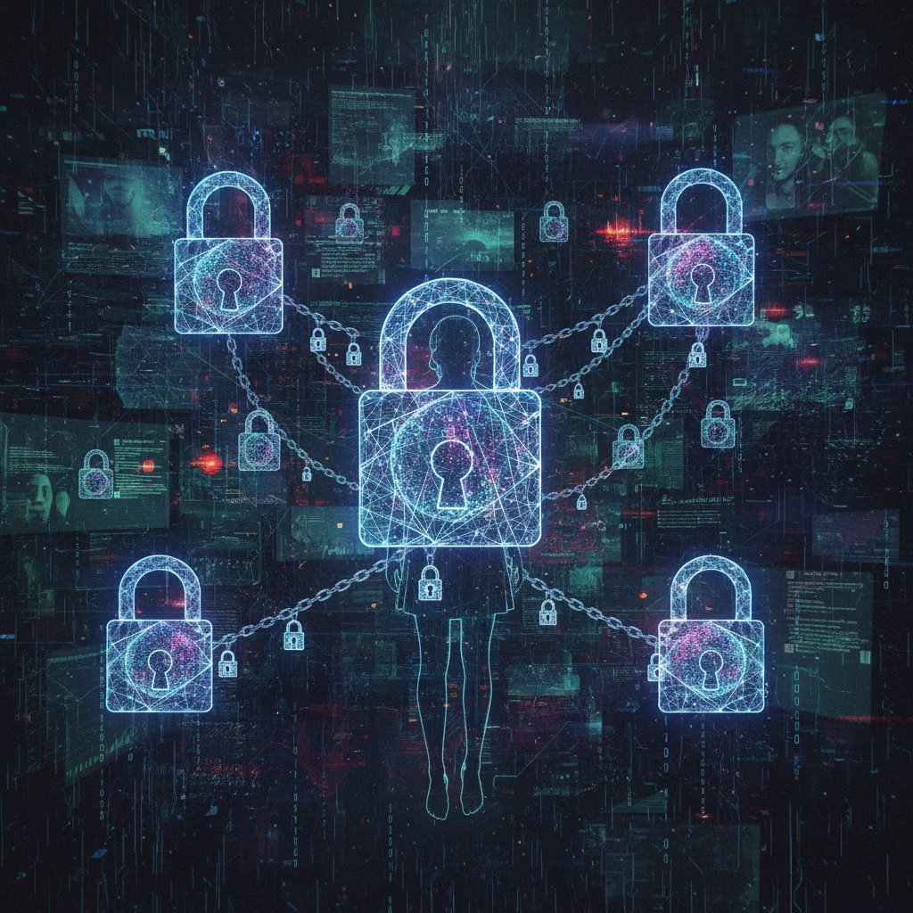 A person surrounded by floating movie data and privacy locks, illustrating the data dilemma in movie discovery