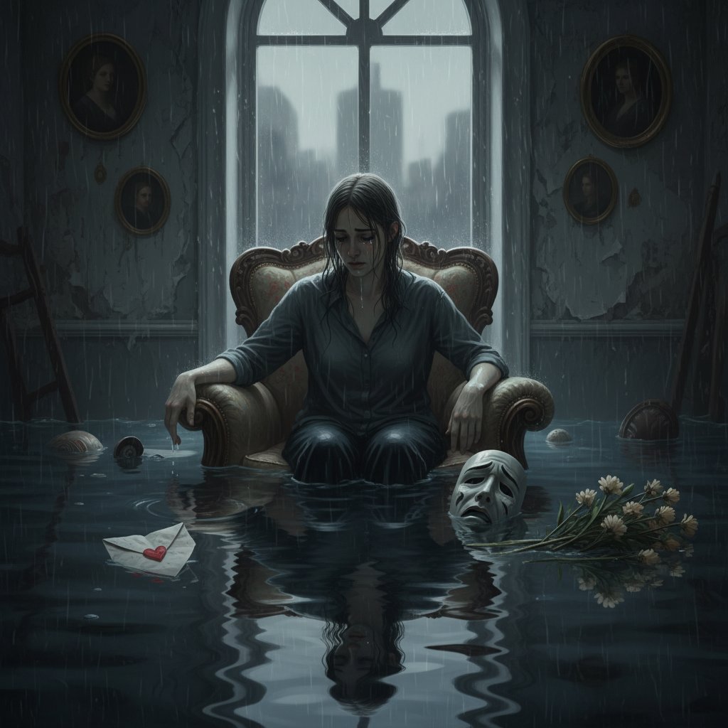 Osoba siedząca w metaforycznie zalanym pokoju – skutki ignorowania emocji