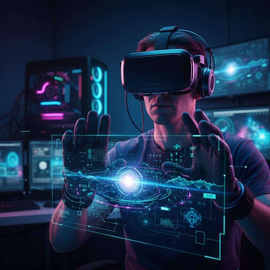 Osoba z wyrazem skupienia i ekscytacji zanurzona w świecie symulatora online