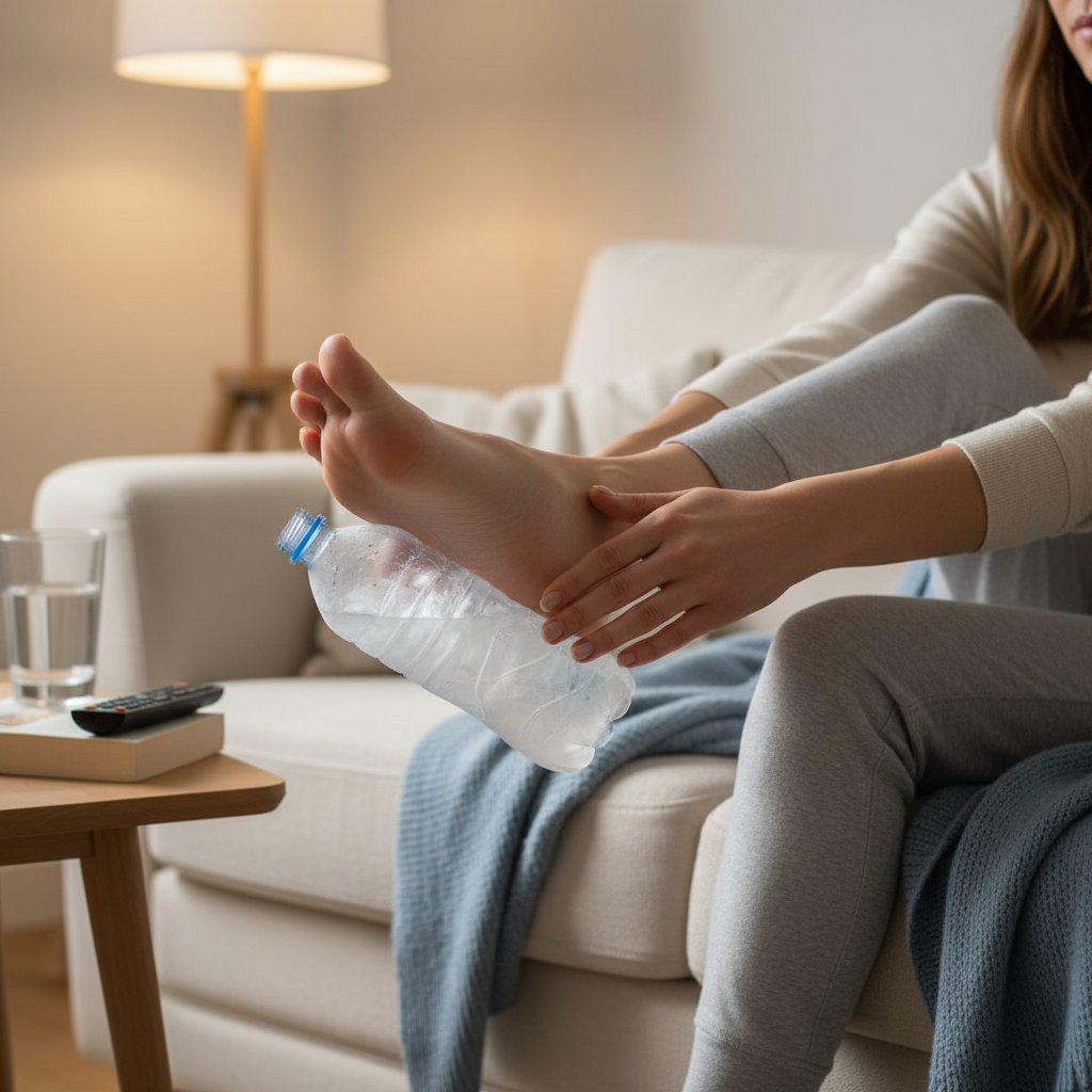 Osoba masująca stopę zamrożoną butelką w domu. Domowa terapia rozcięgna — kreatywność czy ryzyko?
