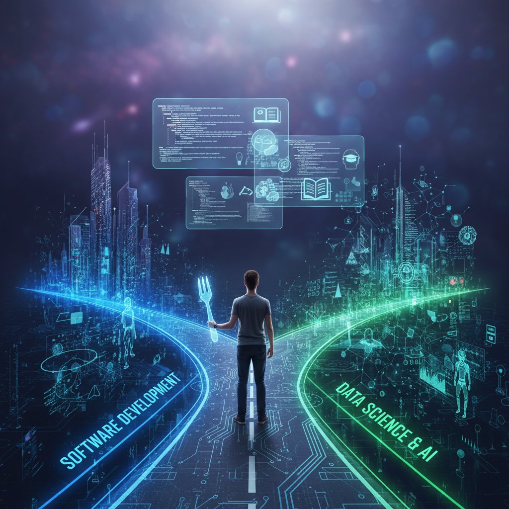 Wybór drogi w nauce online – osoba stojąca przed cyfrową rozwidloną ścieżką