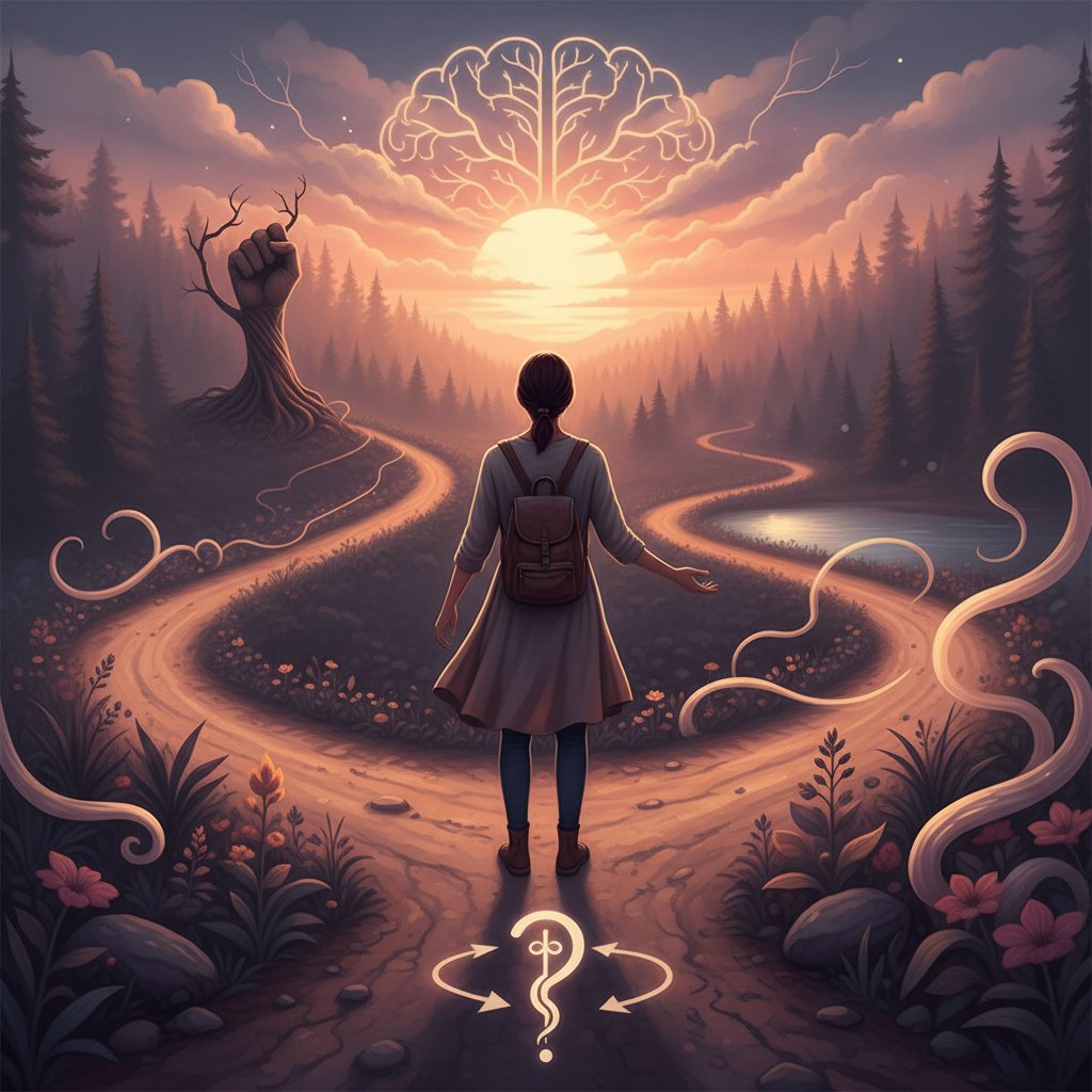 Dylemat wyboru nowej drogi w terapii, osoba na rozdrożu, niejednoznaczny nastrój