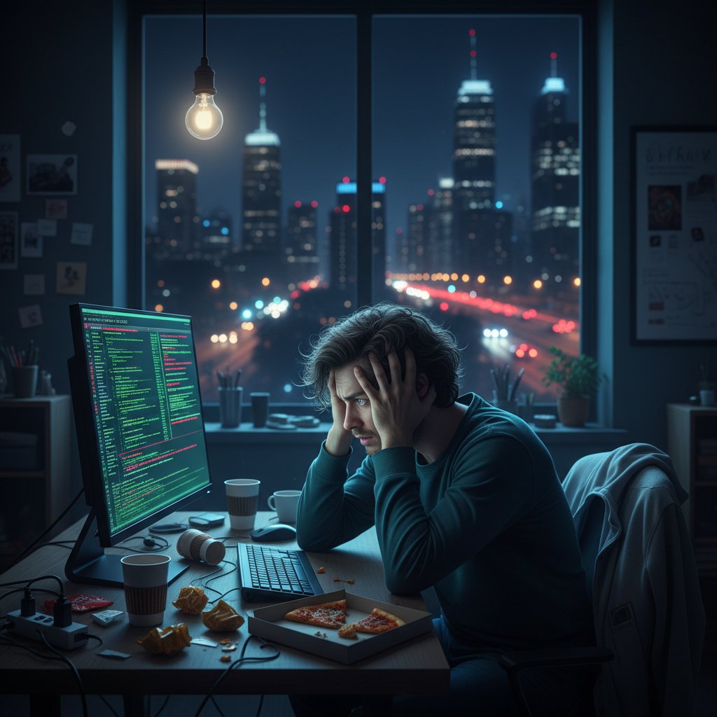 Osoba popełniająca błąd podczas nauki programowania, zrezygnowana twarz przed monitorem w ciemnym, miejskim pokoju