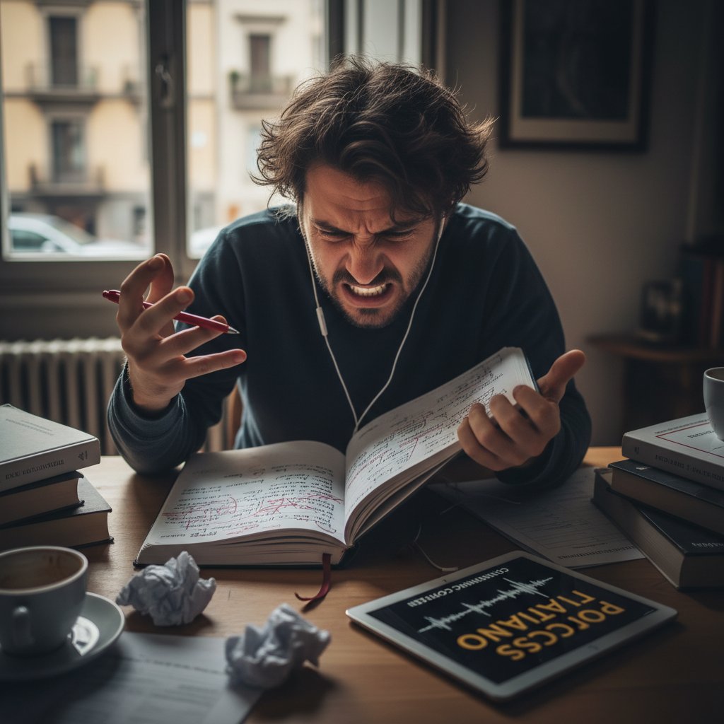 Młoda osoba sfrustrowana nad zbyt trudnym włoskim podcastem, kartki z notatkami