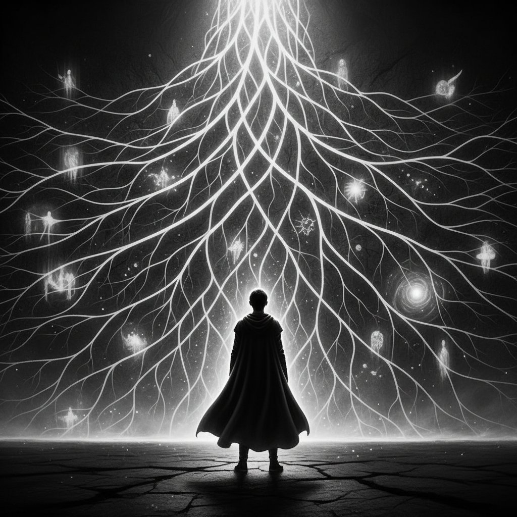 Człowiek patrzy na ścianę alternatywnych linii czasu, symboliczna czarno-biała fotografia