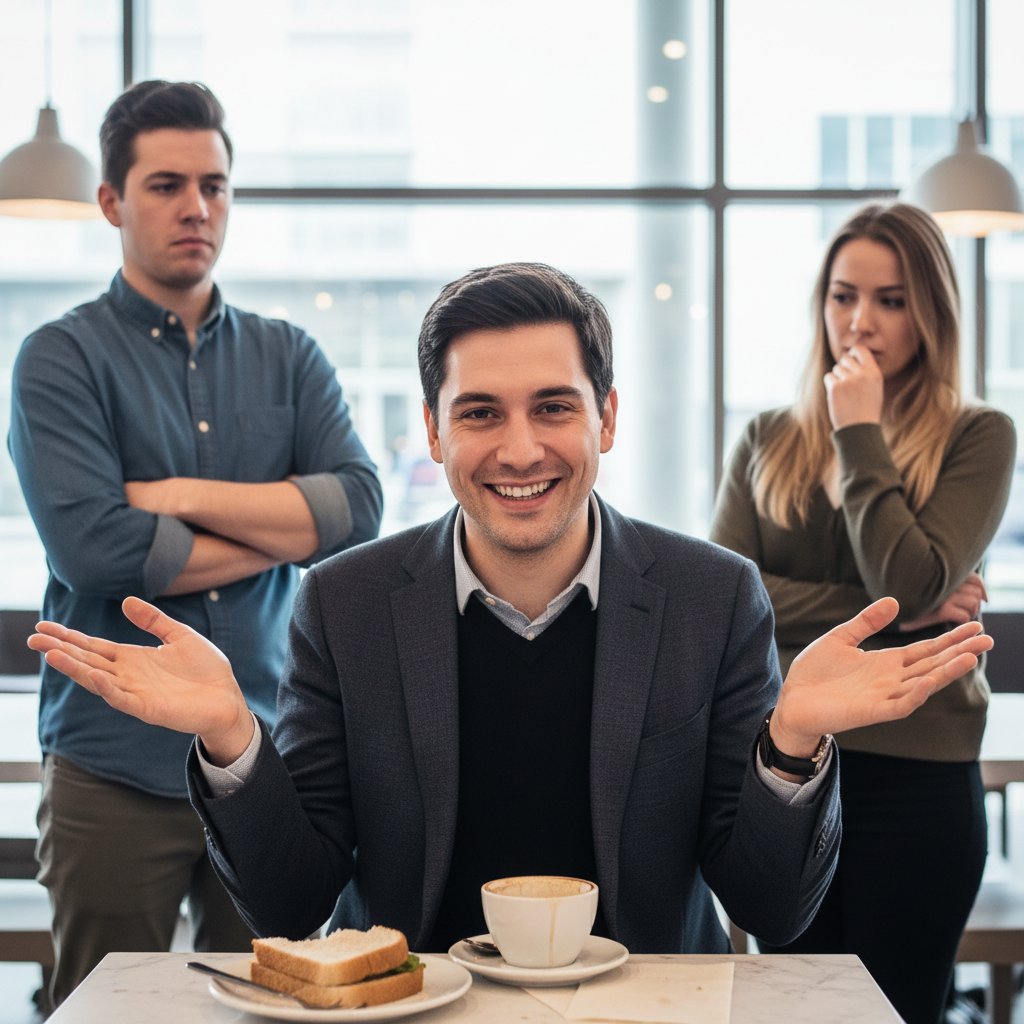 Osoba gestykuluje z uśmiechem, rozładowując napięcie po nieudanym żarcie, ratowanie rozmowy