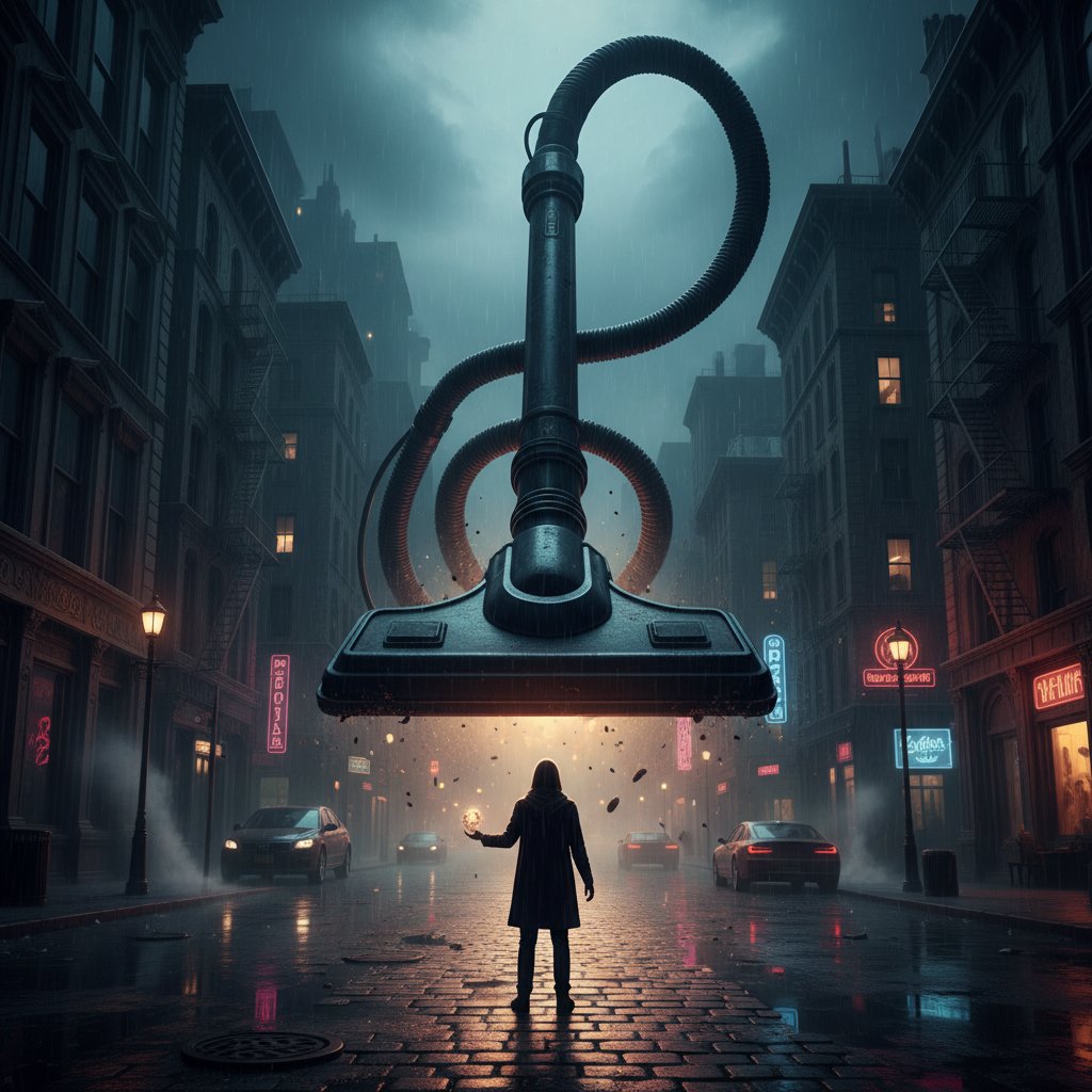 Osoba wciągana przez symboliczny odkurzacz, walcząca z manipulacją – motyw psychologicznej walki