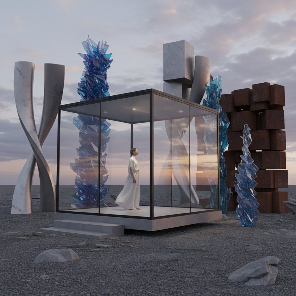 Współczesna instalacja artystyczna – osoba w szklanej kabinie, światło białe, klaustrofobia