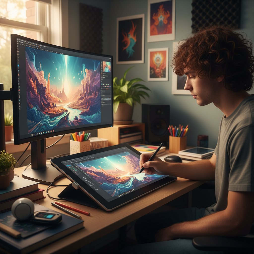 Osoba pracująca na tablecie graficznym w domowym studio, cyfrowa sztuka i technologia