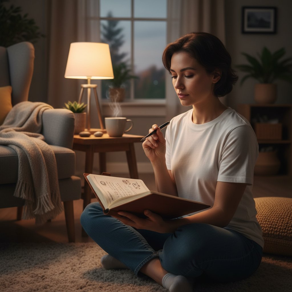 Uśmiechnięta osoba siedząca z zeszytem i długopisem, praktykująca wdzięczność wieczorem w domowym zaciszu