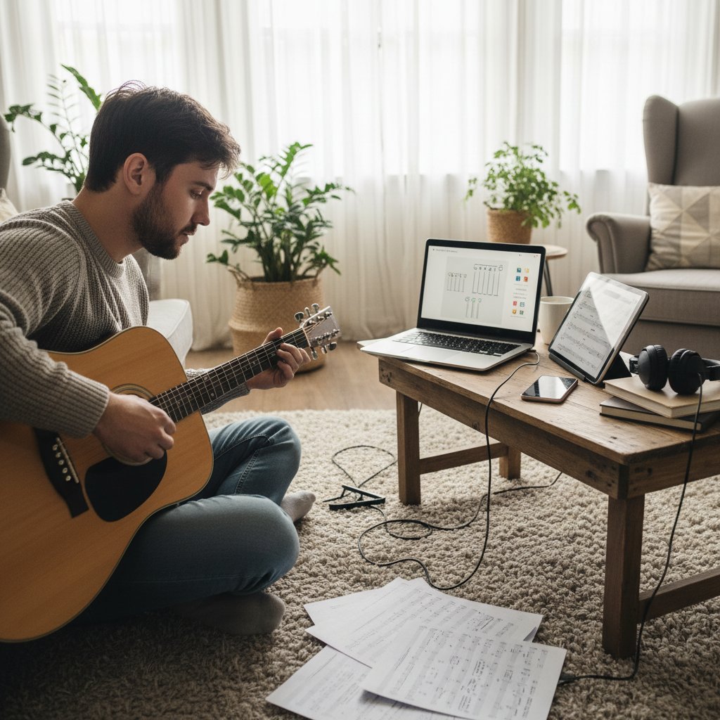 Osoba samotnie ćwicząca na gitarze, w otoczeniu nut, laptopa i telefonów – klimat samodzielnej pracy, słowa kluczowe: nauka gry na gitarze, samouk, praca w domu