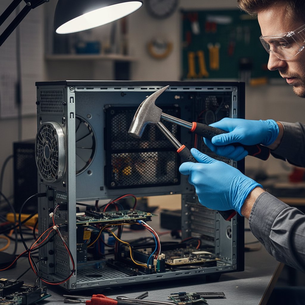 Osoba z młotkiem i komputerem, symbolizująca AI jako narzędzie