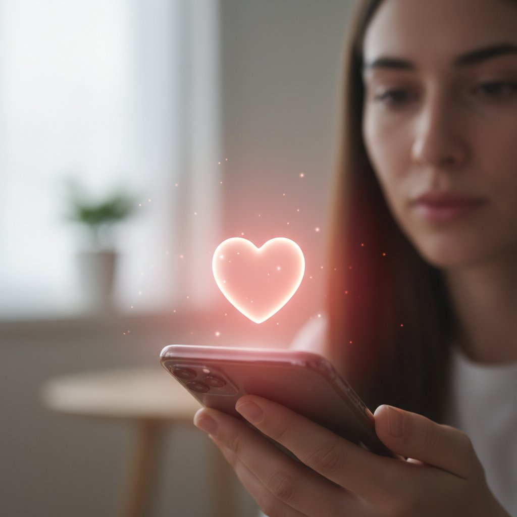 Symbolfoto: Mensch hält Smartphone in der Hand, Herz-Symbol auf dem Bildschirm, emotionale Nähe virtuell erlebt
