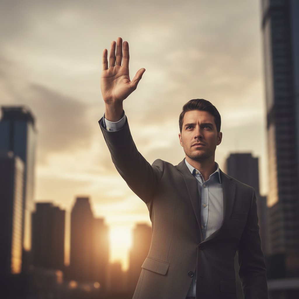 Osoba z ręką w górę – symbol asertywności i ochrony granic