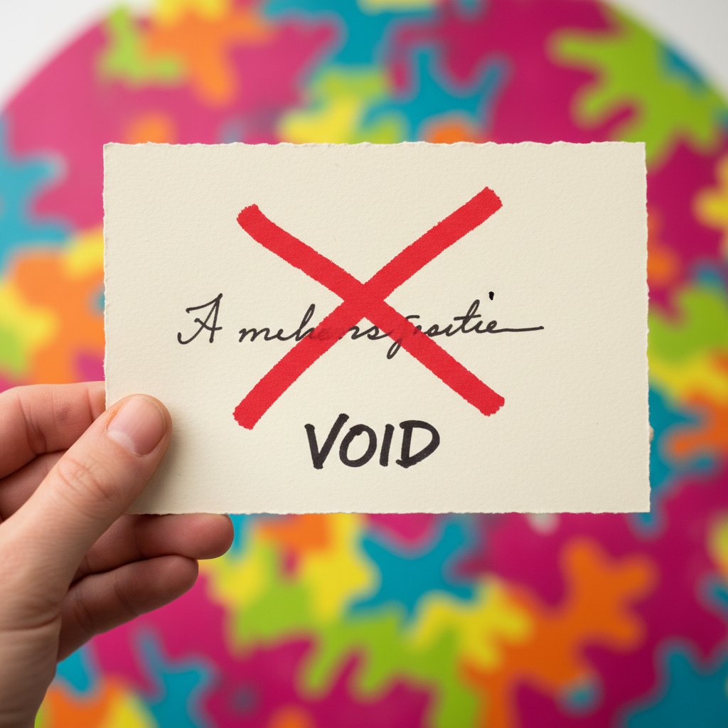 Osoba trzyma kartkę z przekreślonym słowem „on”, poniżej napis „vo” na kolorowym tle