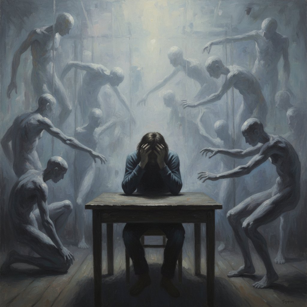 Streszczone dane w postaci osoby trzymającej głowę w dłoniach, z zamazanymi postaciami wokół