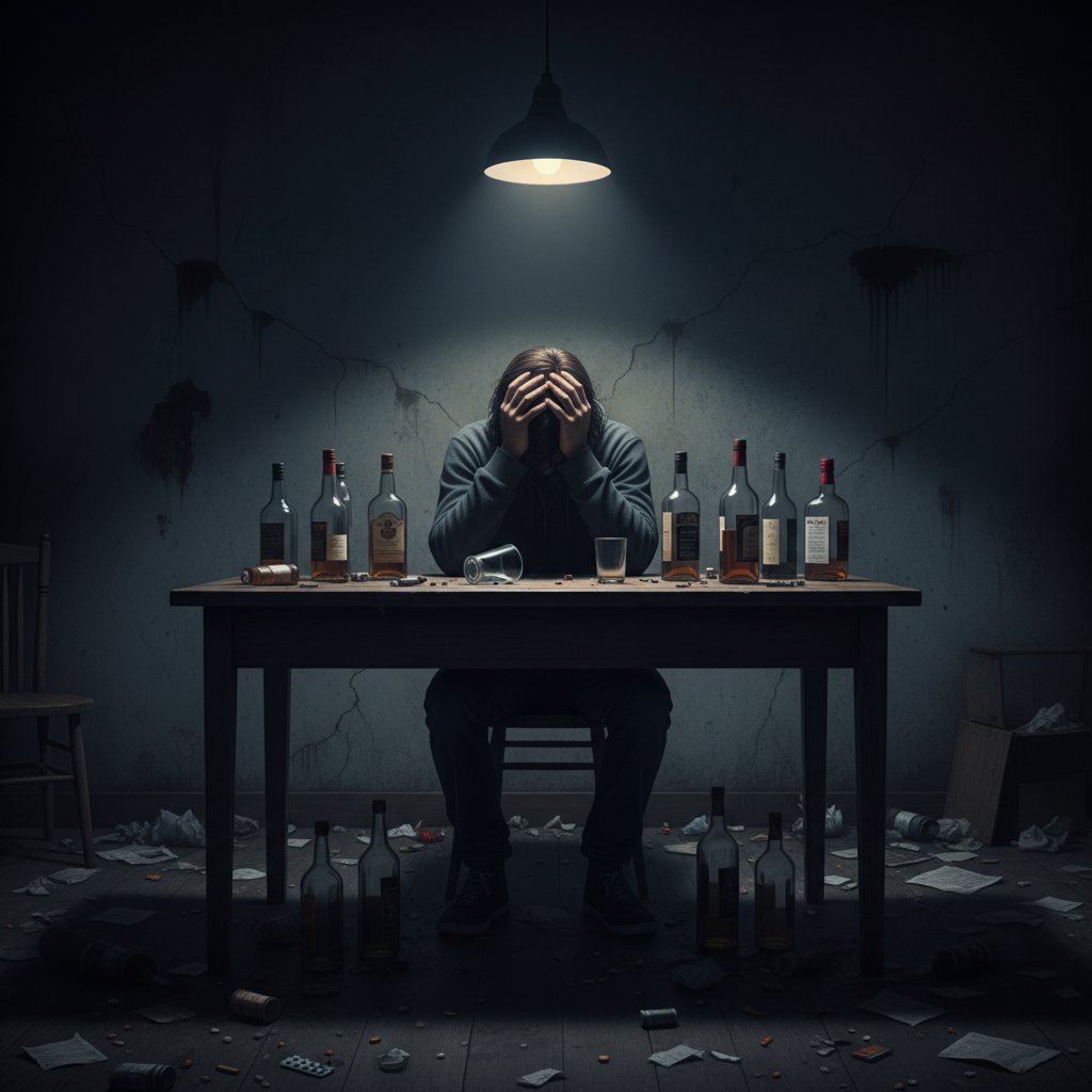 Osoba z załamanymi rękami, smutek, mrok, uzależnienie od alkoholu i depresja